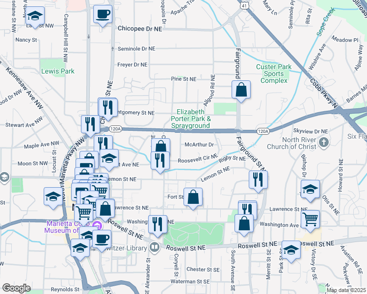 map of restaurants, bars, coffee shops, grocery stores, and more near 365 Roosevelt Circle Northeast in Marietta