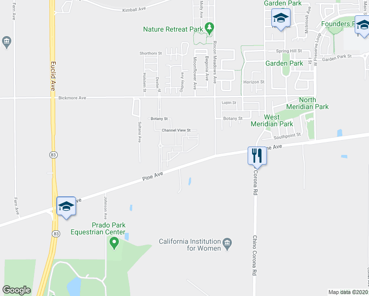 map of restaurants, bars, coffee shops, grocery stores, and more near 7550 Desert Holly Street in Chino