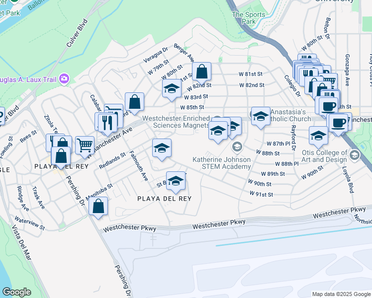 map of restaurants, bars, coffee shops, grocery stores, and more near 7748 West 91st Street in Los Angeles