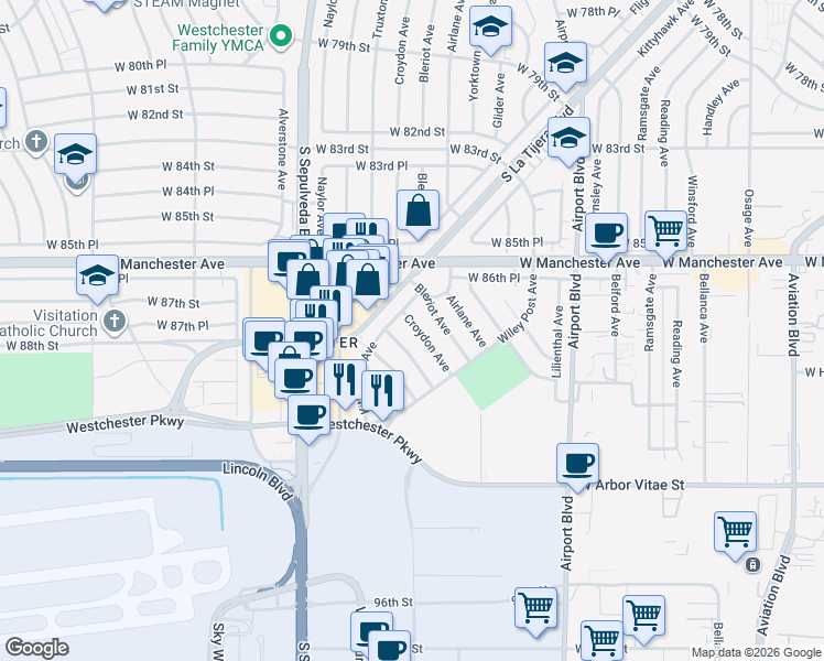 map of restaurants, bars, coffee shops, grocery stores, and more near 8769 Croydon Avenue in Los Angeles