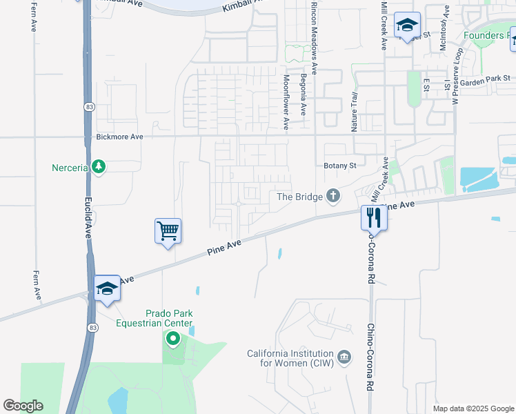 map of restaurants, bars, coffee shops, grocery stores, and more near 7452 Desert Holly Street in Chino