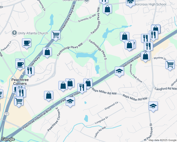 map of restaurants, bars, coffee shops, grocery stores, and more near 510 Guthridge Court Northwest in Norcross