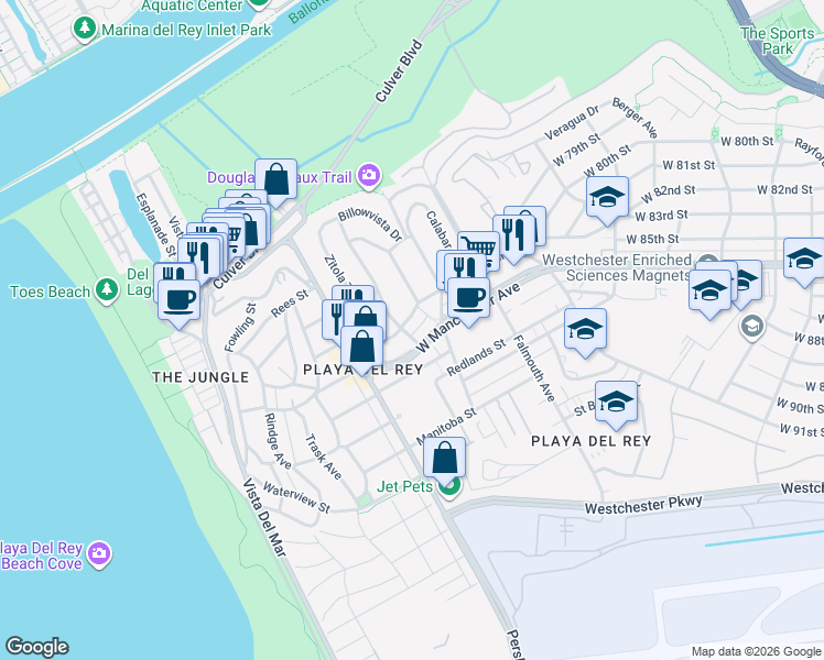 map of restaurants, bars, coffee shops, grocery stores, and more near 8250 West 83rd Street in Los Angeles