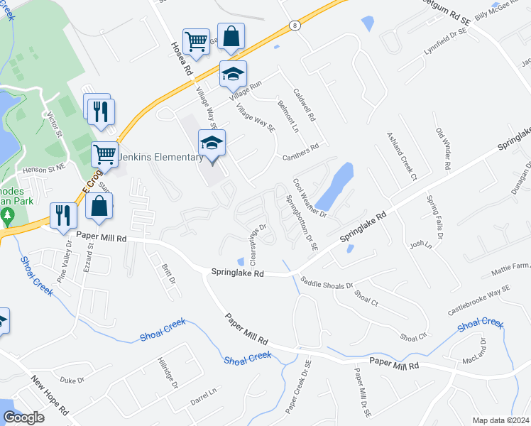 map of restaurants, bars, coffee shops, grocery stores, and more near Springbottom Court Southeast in Lawrenceville
