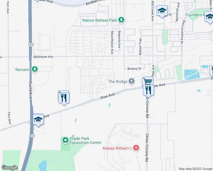 map of restaurants, bars, coffee shops, grocery stores, and more near 7550 Desert Holly Street in Chino