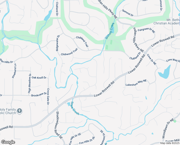 map of restaurants, bars, coffee shops, grocery stores, and more near 3850 Creekview Drive Northeast in Marietta
