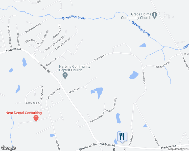 map of restaurants, bars, coffee shops, grocery stores, and more near 2800 Jona Trail in Dacula