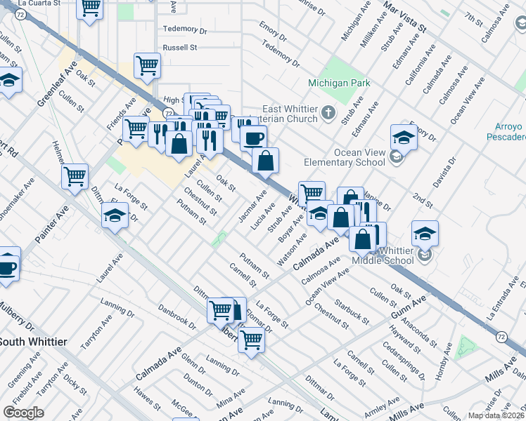 map of restaurants, bars, coffee shops, grocery stores, and more near 8743 Lucia Avenue in Whittier