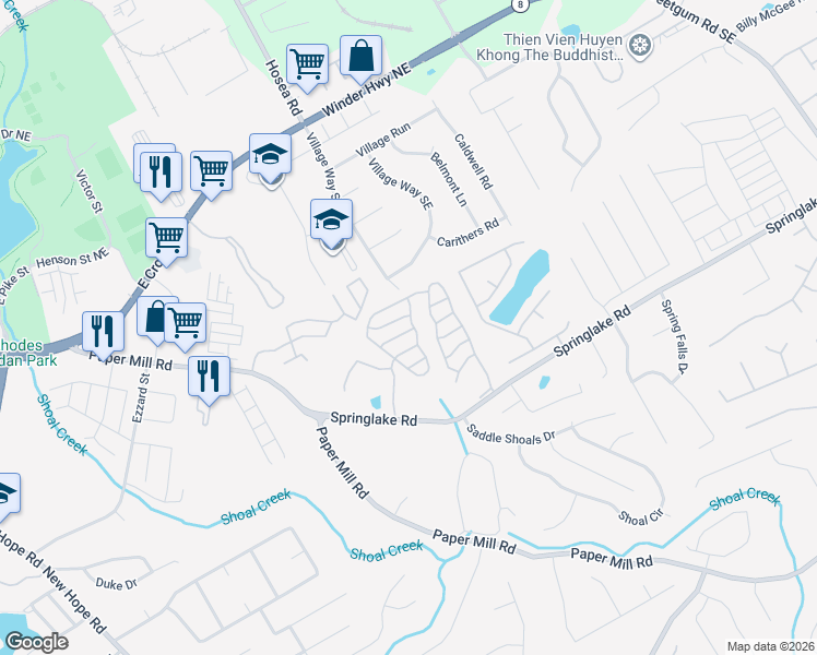 map of restaurants, bars, coffee shops, grocery stores, and more near 460 Spring Head Court in Lawrenceville