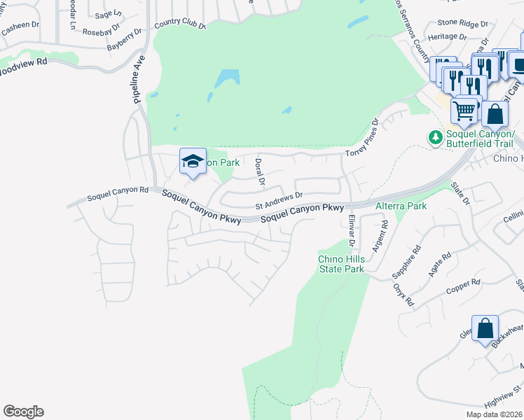 map of restaurants, bars, coffee shops, grocery stores, and more near 4413 Saint Andrews Drive in Chino Hills