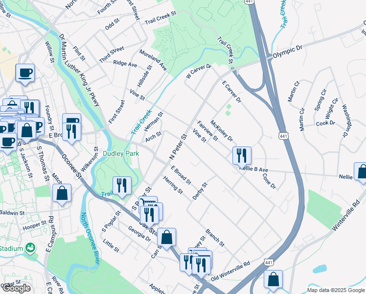 map of restaurants, bars, coffee shops, grocery stores, and more near 248 Arch Street in Athens