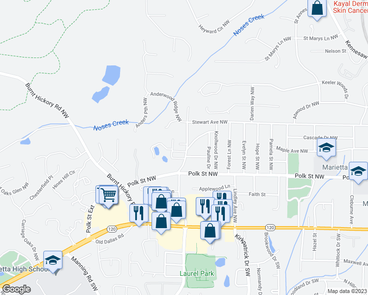 map of restaurants, bars, coffee shops, grocery stores, and more near 760 West Ridge Court Northwest in Marietta