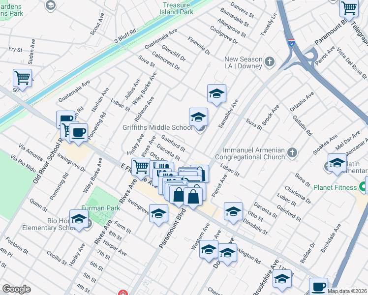map of restaurants, bars, coffee shops, grocery stores, and more near 7845 Gainford Street in Downey