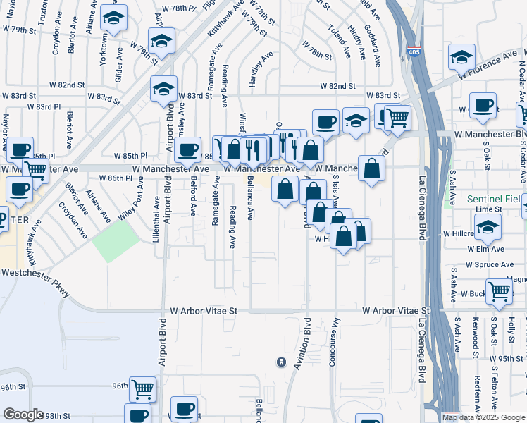 map of restaurants, bars, coffee shops, grocery stores, and more near 8734 Bellanca Avenue in Los Angeles