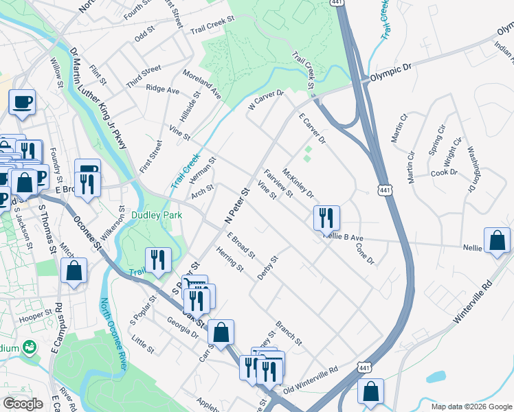 map of restaurants, bars, coffee shops, grocery stores, and more near 248 Arch Street in Athens