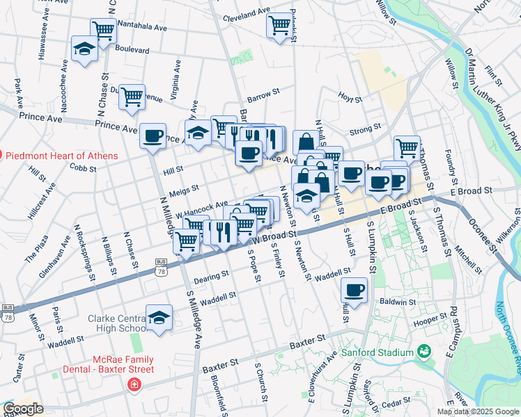 map of restaurants, bars, coffee shops, grocery stores, and more near 239 North Finley Street in Athens