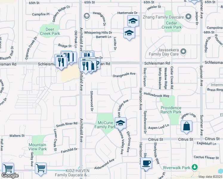 map of restaurants, bars, coffee shops, grocery stores, and more near 7173 Twinspur Court in Eastvale