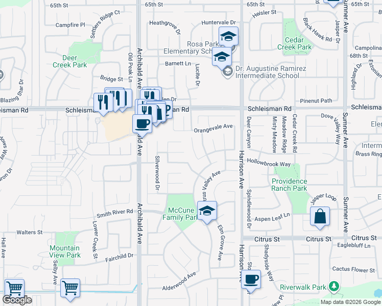 map of restaurants, bars, coffee shops, grocery stores, and more near 7173 Twinspur Court in Eastvale