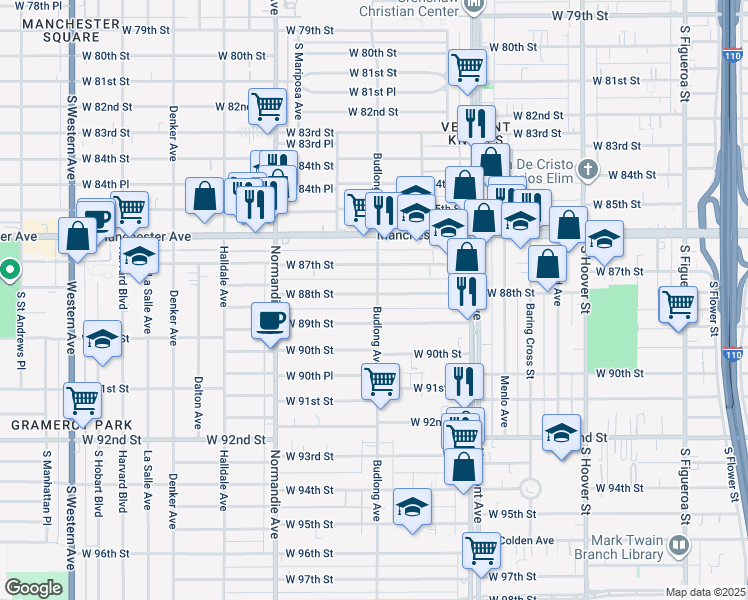 map of restaurants, bars, coffee shops, grocery stores, and more near 8801 South Budlong Avenue in Los Angeles