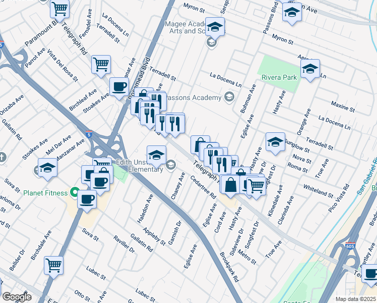 map of restaurants, bars, coffee shops, grocery stores, and more near 9242 Telegraph Road in Downey