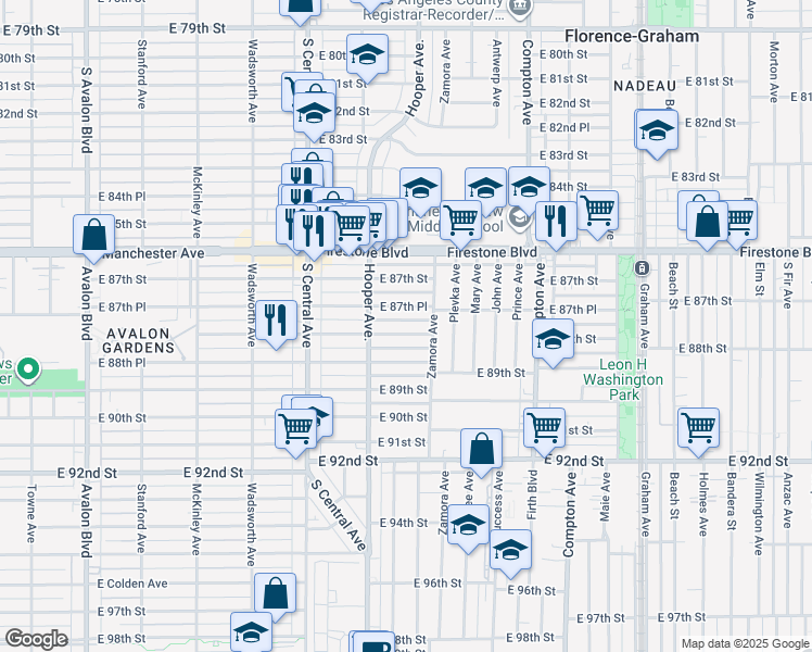 map of restaurants, bars, coffee shops, grocery stores, and more near 1243 East 88th Street in Los Angeles