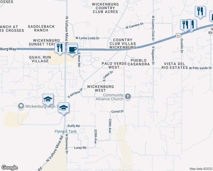 map of restaurants, bars, coffee shops, grocery stores, and more near 927 South Hopi Avenue in Wickenburg