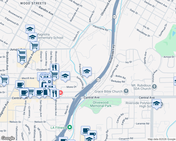 map of restaurants, bars, coffee shops, grocery stores, and more near 3398 Gibraltar Drive in Riverside