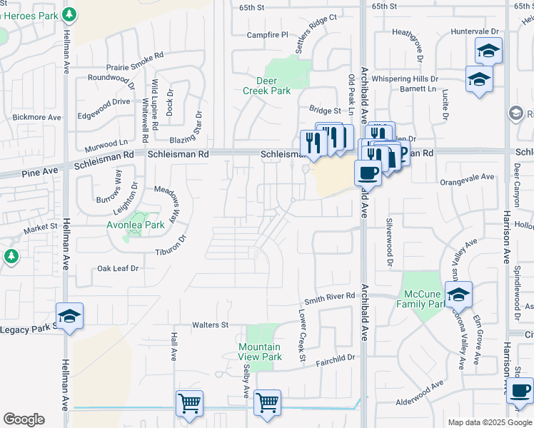 map of restaurants, bars, coffee shops, grocery stores, and more near in Eastvale
