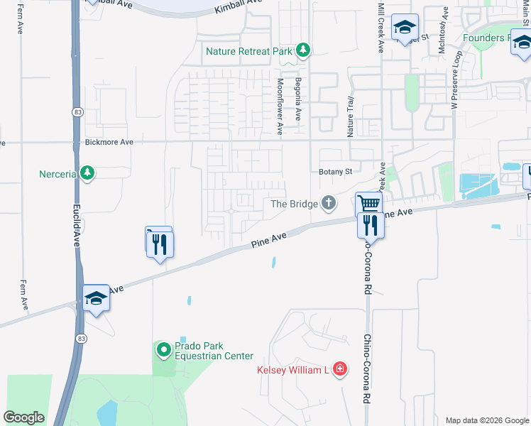 map of restaurants, bars, coffee shops, grocery stores, and more near 7550 Desert Holly Street in Chino