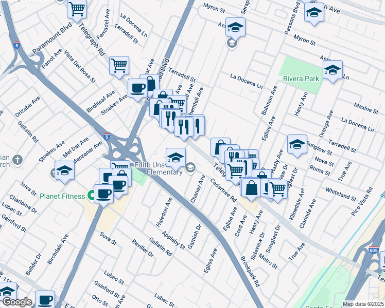 map of restaurants, bars, coffee shops, grocery stores, and more near 9242 Telegraph Road in Downey
