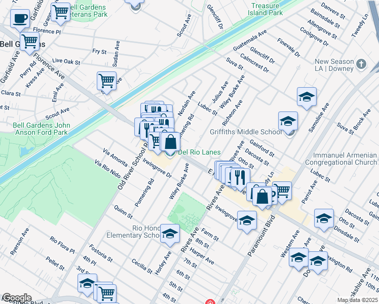 map of restaurants, bars, coffee shops, grocery stores, and more near in Downey