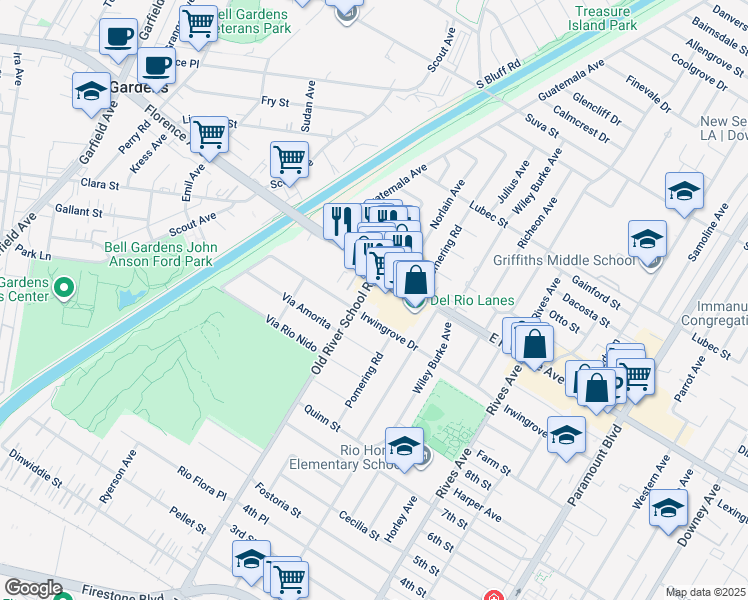 map of restaurants, bars, coffee shops, grocery stores, and more near 7447 Irwingrove Drive in Downey