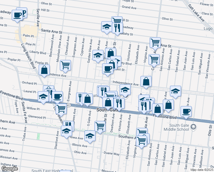 map of restaurants, bars, coffee shops, grocery stores, and more near 8629 State Street in South Gate