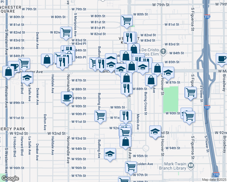 map of restaurants, bars, coffee shops, grocery stores, and more near 1115 West 89th Street in Los Angeles