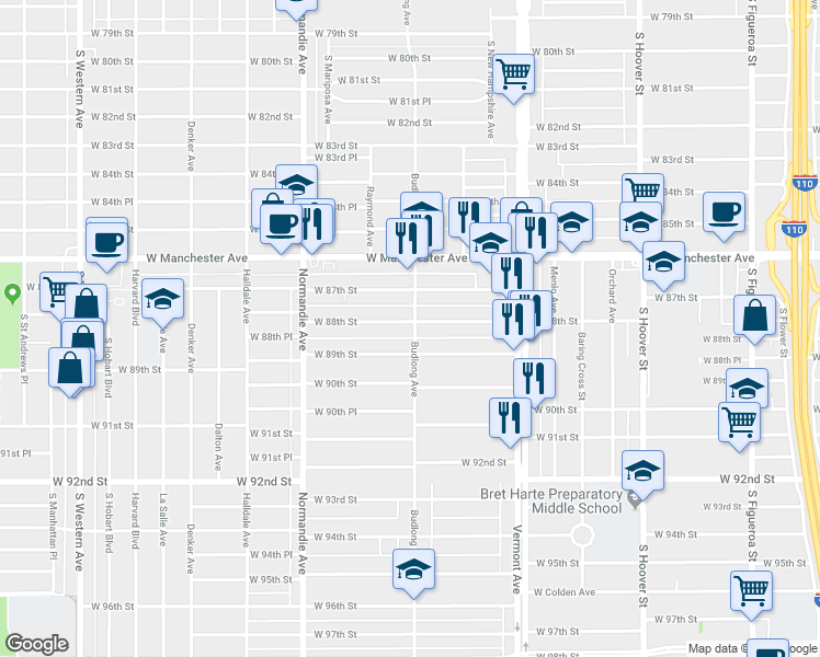 map of restaurants, bars, coffee shops, grocery stores, and more near 1201 West 89th Street in Los Angeles