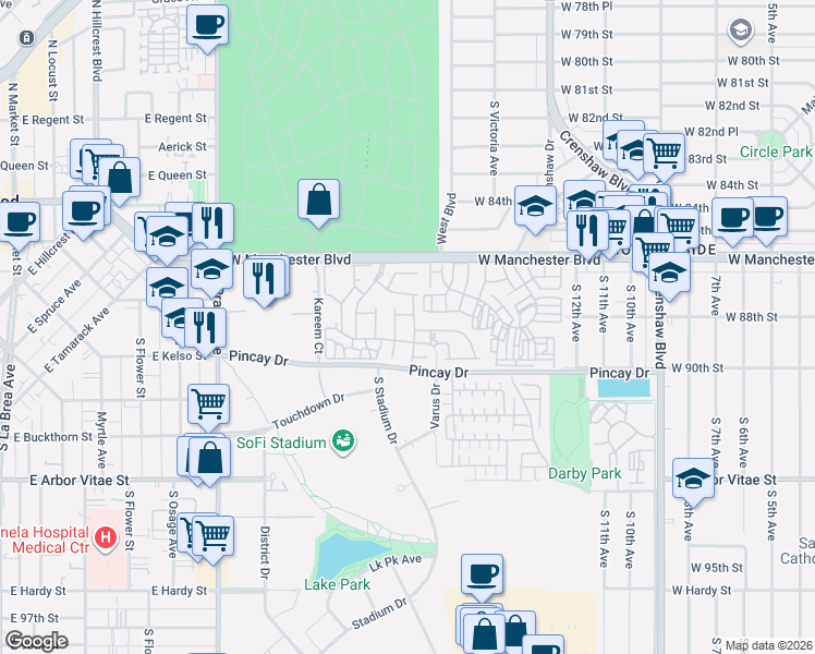 map of restaurants, bars, coffee shops, grocery stores, and more near 8816 Dartford Place in Inglewood