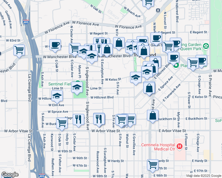 map of restaurants, bars, coffee shops, grocery stores, and more near 235 West Hillcrest Boulevard in Inglewood