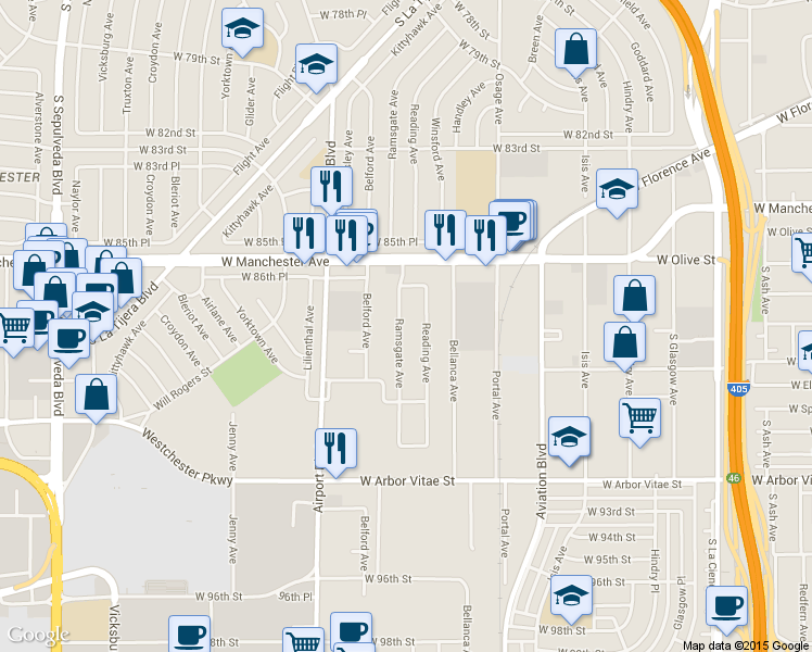 map of restaurants, bars, coffee shops, grocery stores, and more near 8827 Ramsgate Avenue in Los Angeles