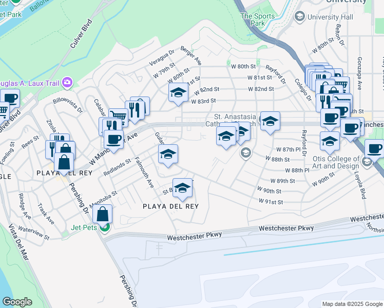 map of restaurants, bars, coffee shops, grocery stores, and more near 7765 West 91st Street in Los Angeles