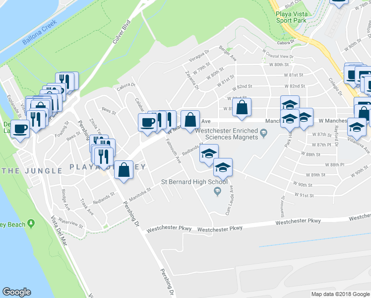 map of restaurants, bars, coffee shops, grocery stores, and more near 8050 Redlands Street in Los Angeles