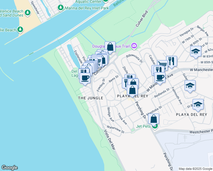 map of restaurants, bars, coffee shops, grocery stores, and more near 225 Sunridge Street in Los Angeles