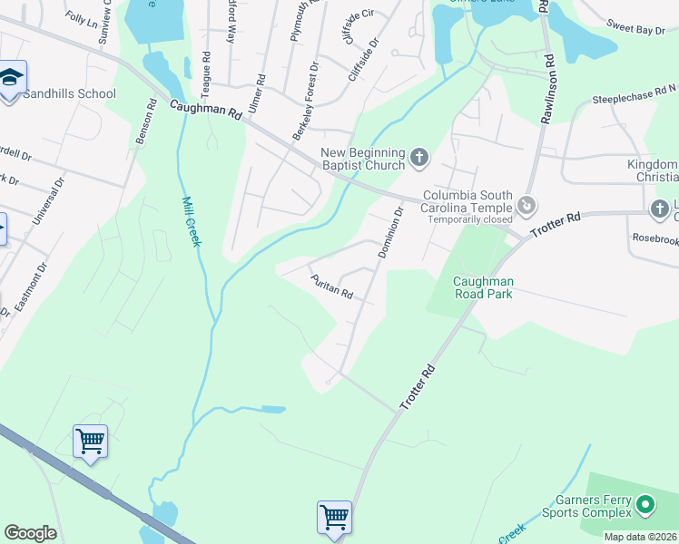 map of restaurants, bars, coffee shops, grocery stores, and more near 9501 Puritan Road in Columbia