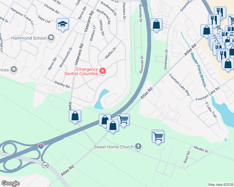 map of restaurants, bars, coffee shops, grocery stores, and more near 1195 Rockwood Road in Columbia