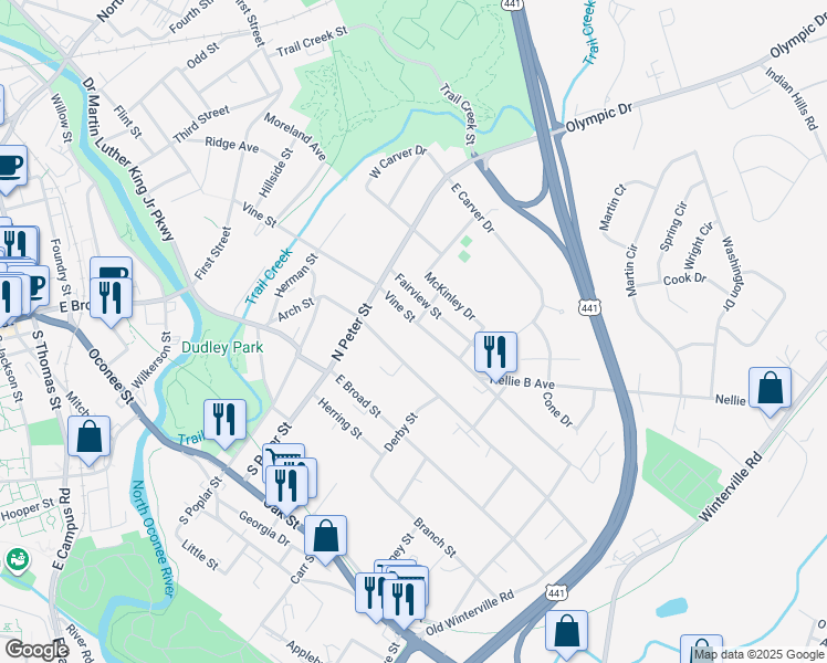map of restaurants, bars, coffee shops, grocery stores, and more near 277 Arch Street in Athens