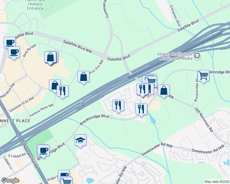 map of restaurants, bars, coffee shops, grocery stores, and more near 2186 Executive Drive North in Duluth