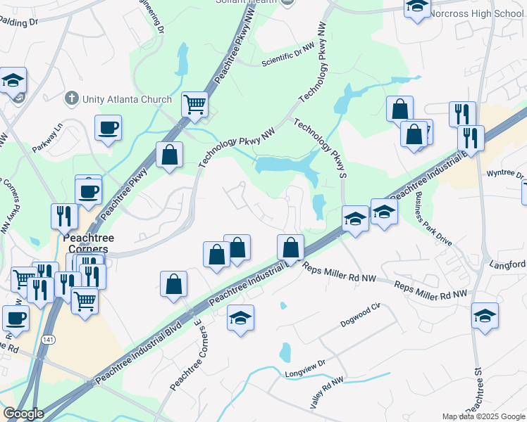 map of restaurants, bars, coffee shops, grocery stores, and more near 3375 Willow Oak Drive in Norcross