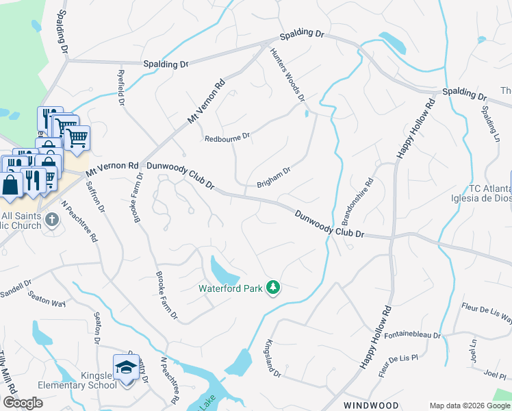 map of restaurants, bars, coffee shops, grocery stores, and more near 5360 Waterford Drive in Dunwoody