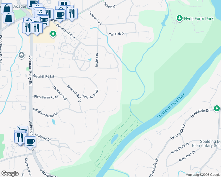 map of restaurants, bars, coffee shops, grocery stores, and more near 548 Gramercy Drive Northeast in Marietta