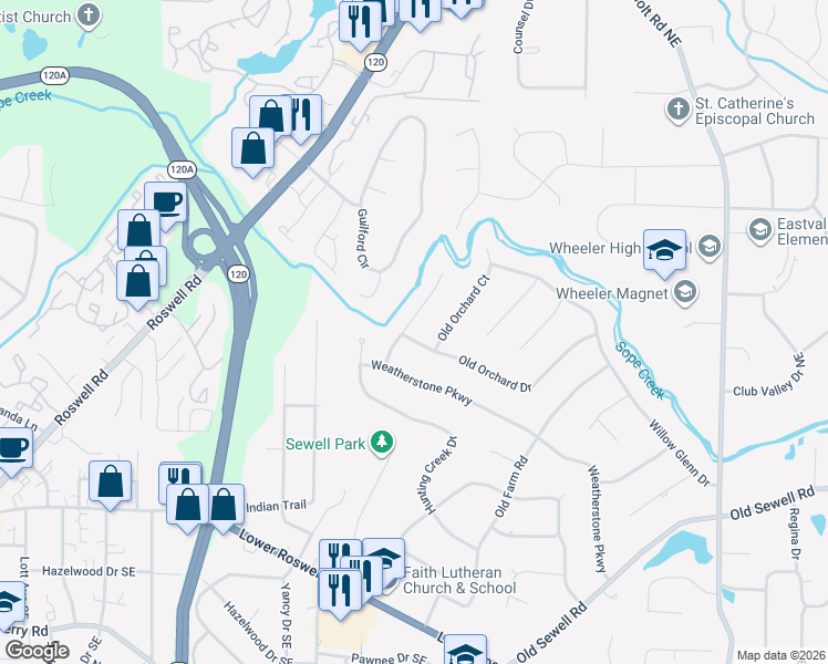 map of restaurants, bars, coffee shops, grocery stores, and more near 298 Weatherstone Lane in Marietta