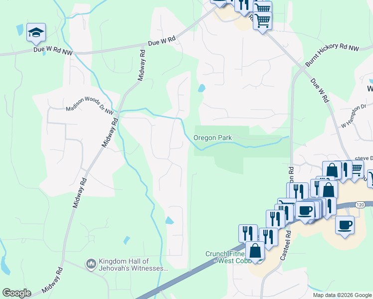 map of restaurants, bars, coffee shops, grocery stores, and more near 4274 Bristlecone Drive Northwest in Marietta